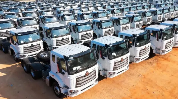 Sinotruk heavy-duty trucks lined up at port ready for export in January 2026 record shipment