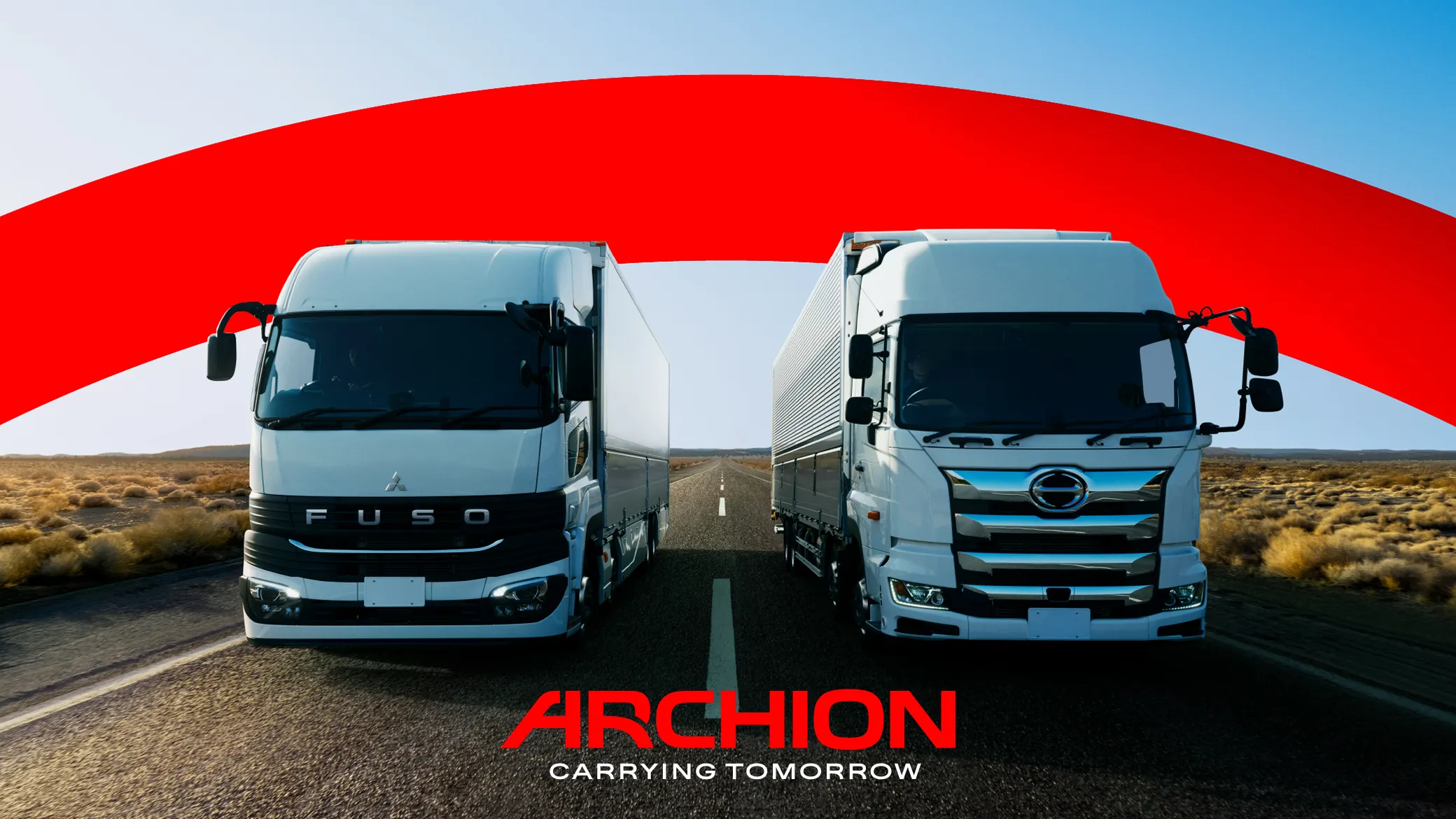ARCHION official corporate imagery showing a white Fuso truck and a white Hino truck positioned together. Photo/Image Credit: ARCHION