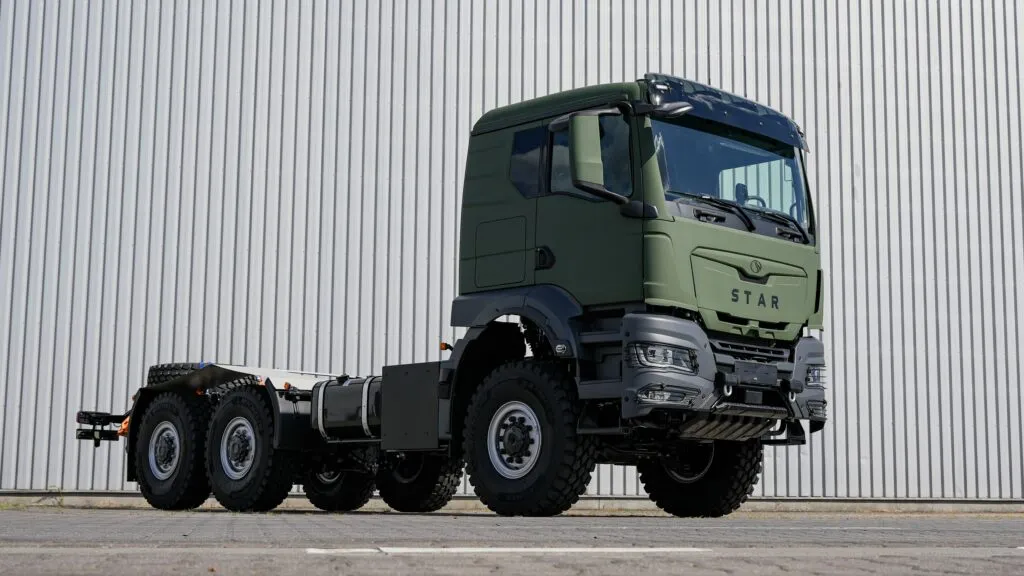 Green military chassis truck based on a MAN TGS 6x6 featuring the STAR emblem on the front cab. (Photo: MAN Truck & Bus)