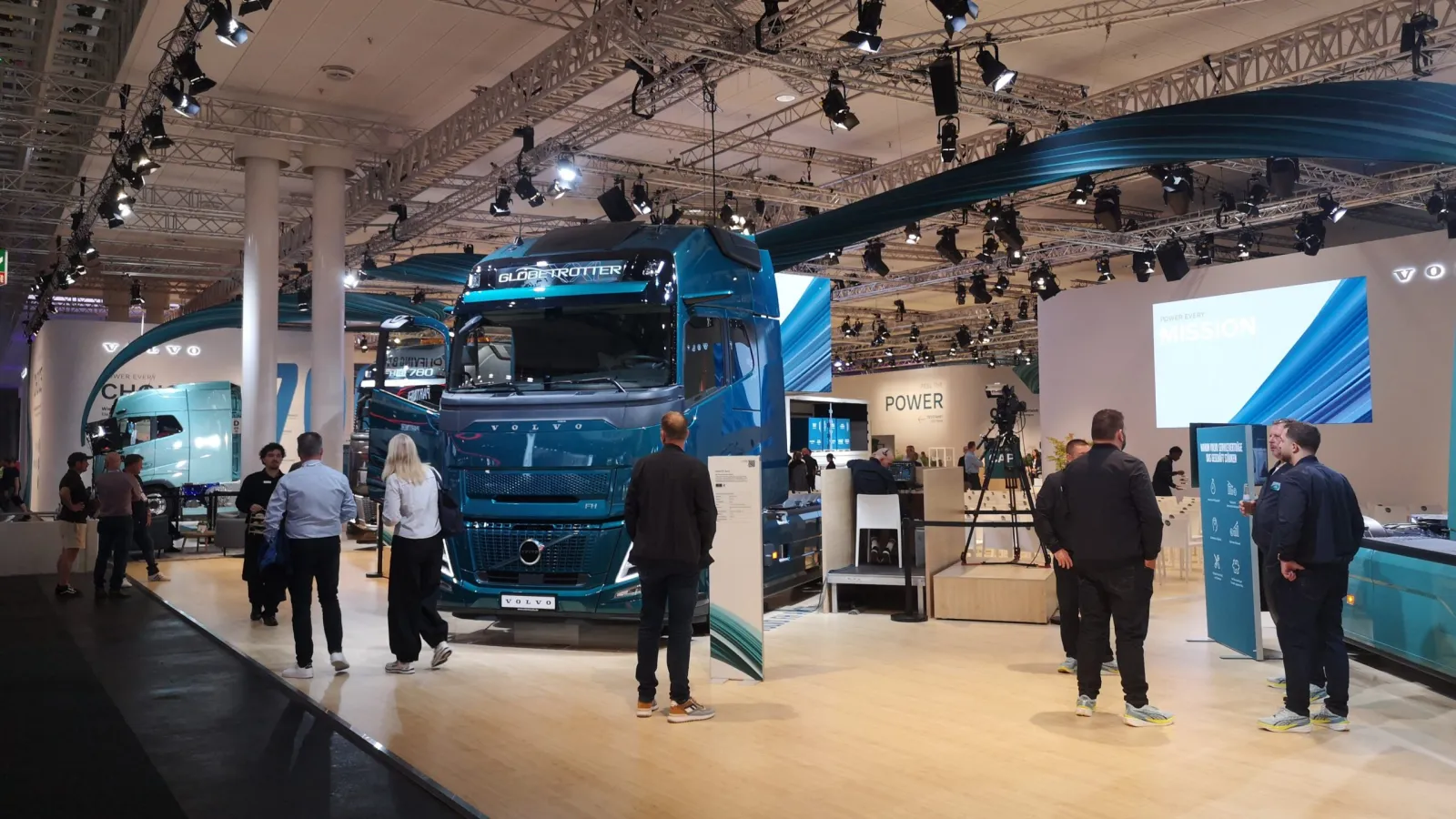 Volvo Trucks display hall at IAA Transportation with a teal Volvo FH Globetrotter truck prominently displayed. (Photo: David Wilson/Truck & Bus News)