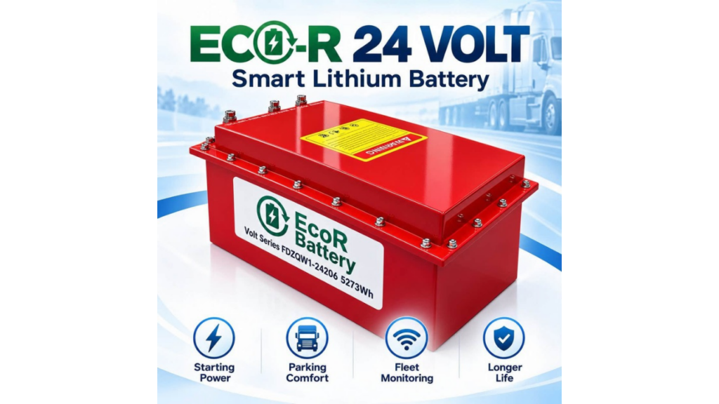 A red rectangular 24V ECO-R LiFePO4 Smart Lithium Battery casing with four circular feature icons at the bottom highlighting Starting Power, Parking Comfort, Fleet Monitoring, and Longer Life.